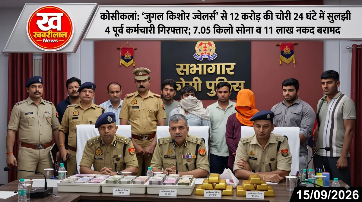 मथुरा में 12 करोड़ की चोरी का खुलासा करते हुए पुलिस टीम और बरामद सोना।