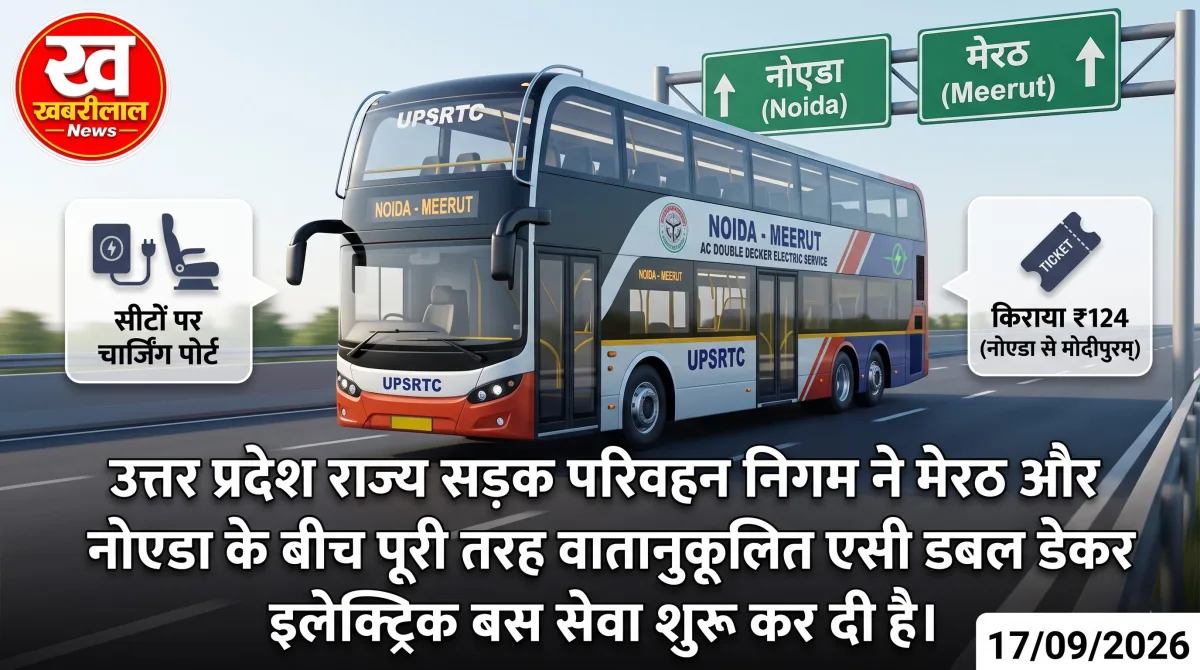 मेरठ और नोएडा के बीच चलने वाली नई एसी डबल डेकर इलेक्ट्रिक बस जिस पर अंग्रेजी में 'MEERUT TO NOIDA' लिखा है, और साथ में Khabreelal का लोगो लगा हुआ है।