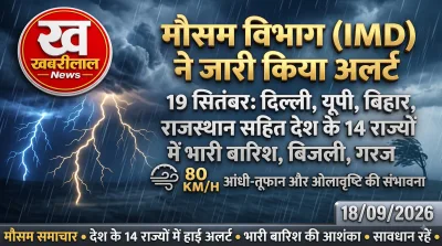 भारत में तेज बारिश, आंधी और बिजली चमकने का अलर्ट दर्शाती प्रतीकात्मक तस्वीर। (Khabreelal Logo)