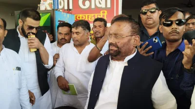AJP National President Swami Prasad Maurya addressing supporters in Sherkot Bijnor after rally permission canceled