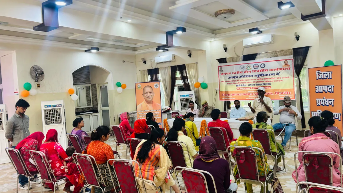 Women participating in disaster management workshop in Bijnor UP