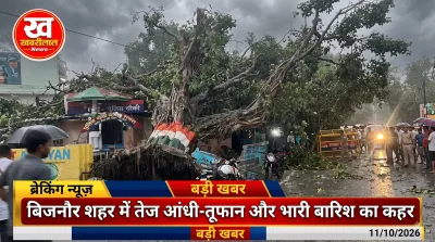 Heavy tree fell on Civil Line Police Chowki and vehicles after a severe dust storm in Bijnor