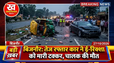 Police at the road accident site in Bijnor where a speeding car hit an e-rickshaw