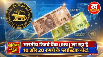 Reserve Bank of India building with new 10 and 20 rupees polymer plastic currency notes concept