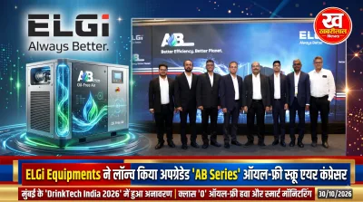 ELGi AB Series oil-free screw air compressor showcased at Drinktec India 2026 exhibition in Mumbai