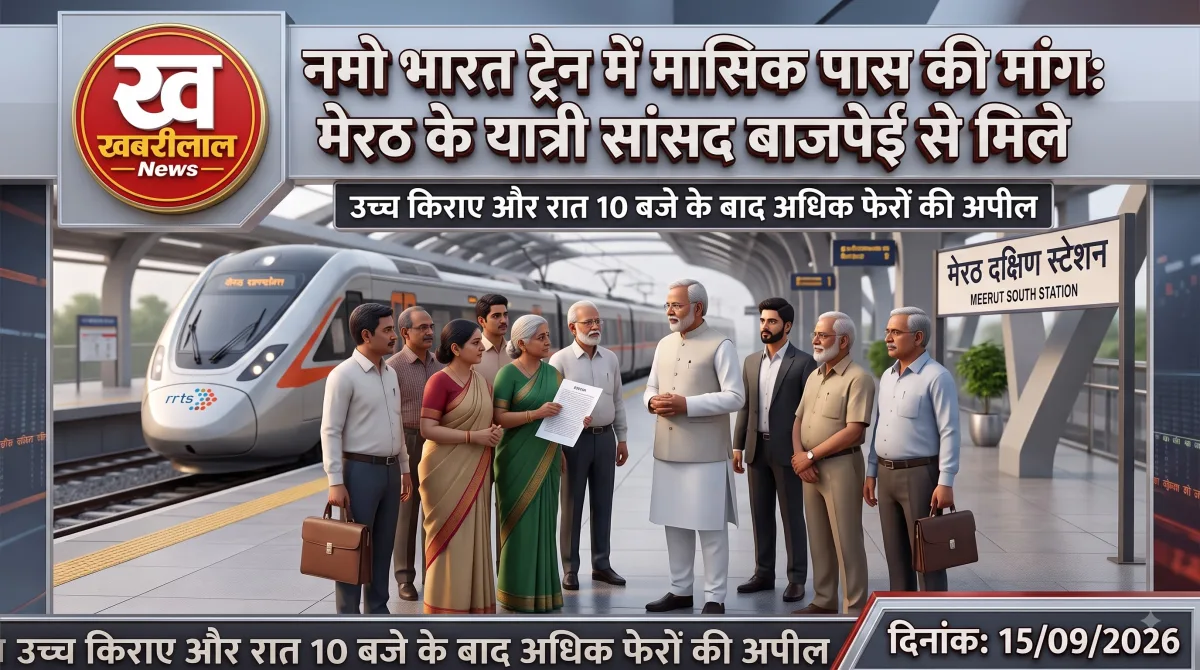 मेरठ में राज्यसभा सांसद डॉ. लक्ष्मीकांत बाजपेयी से अपनी मांगों को लेकर मिलते नमो भारत ट्रेन के दैनिक यात्री।