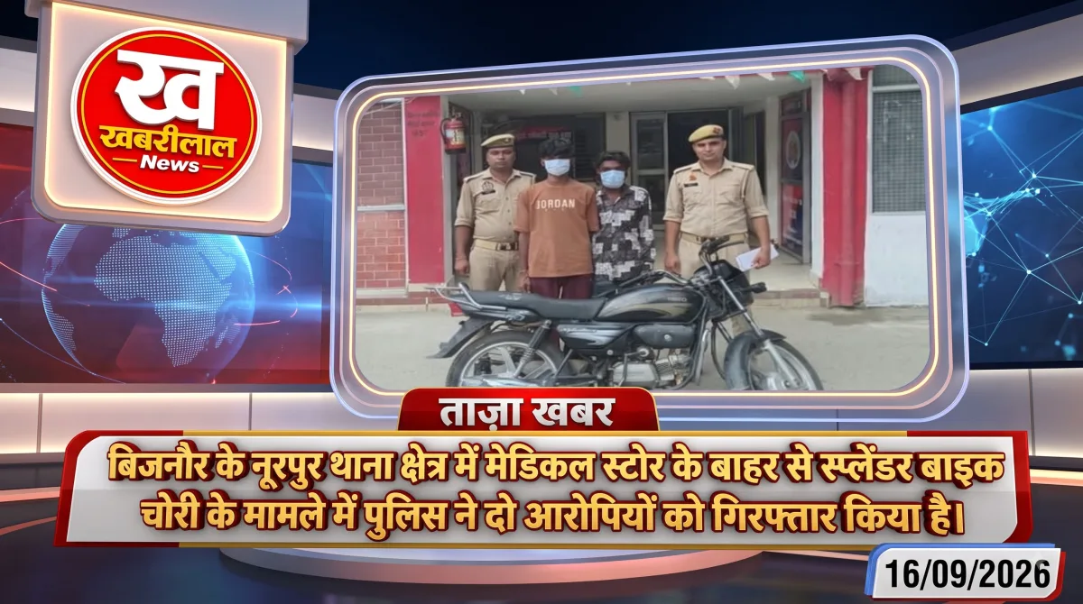 बिजनौर पुलिस द्वारा पकड़े गए बाइक चोरों और बरामद मोटरसाइकिल की प्रतीकात्मक तस्वीर