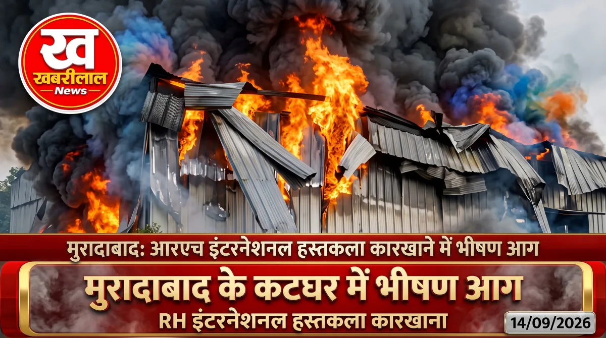 मुरादाबाद की हैंडीक्राफ्ट फैक्ट्री में उठती भीषण आग और धुएं का गुबार।