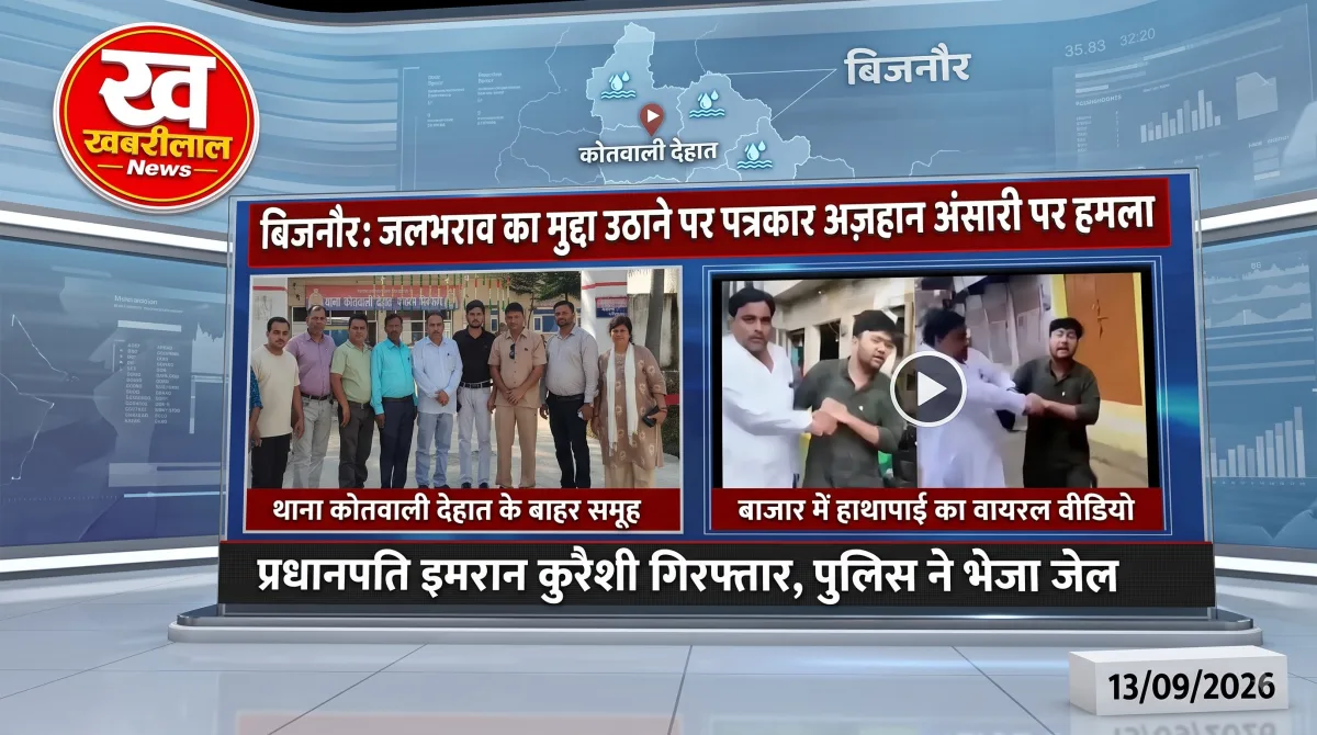 बिजनौर में पत्रकार अज़हान अंसारी पर हमले और प्रधानपति इमरान कुरैशी की गिरफ्तारी को दर्शाता खबरीलाल न्यूज़ का ग्राफ़िक, जिसमें थाने के बाहर खड़े लोग और हाथापाई का वायरल वीडियो दिख रहा है।