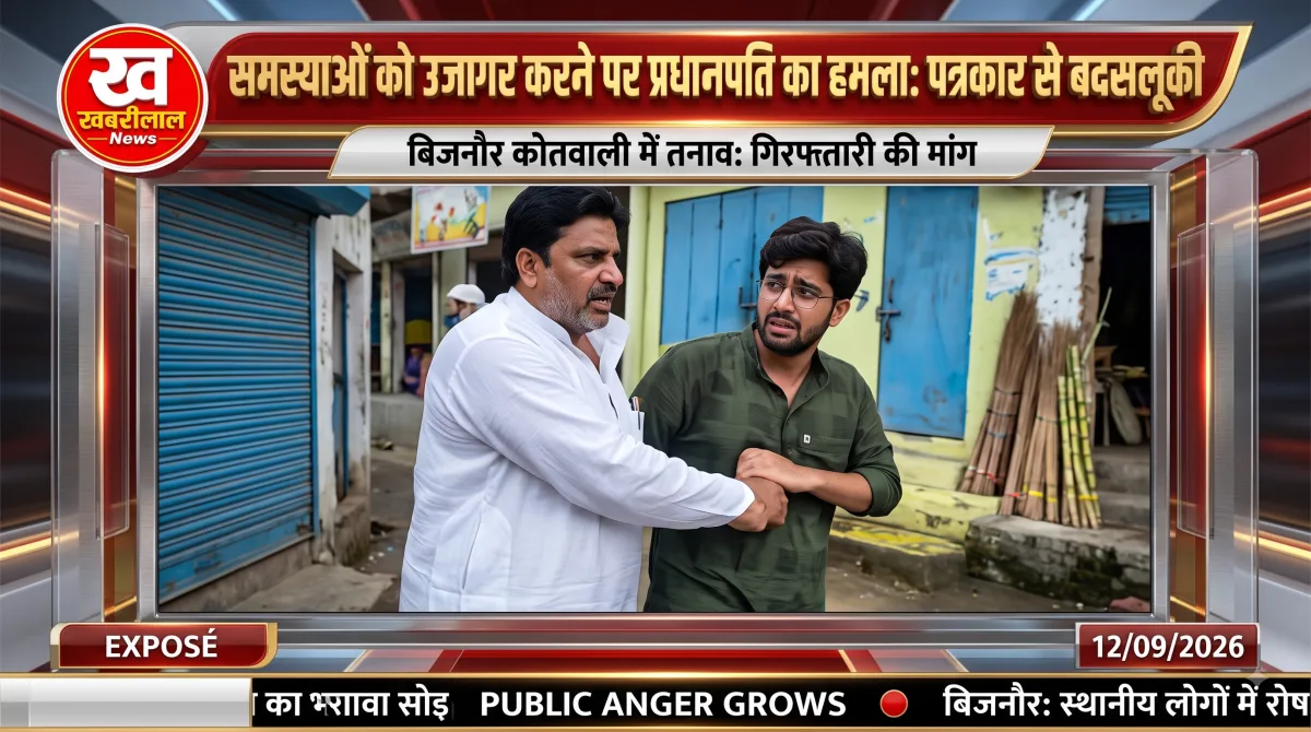 बिजनौर में पत्रकार के साथ प्रधानपति द्वारा सरेआम बदसलूकी और मारपीट को दर्शाता खबरीलाल न्यूज़ का ग्राफ़िक
