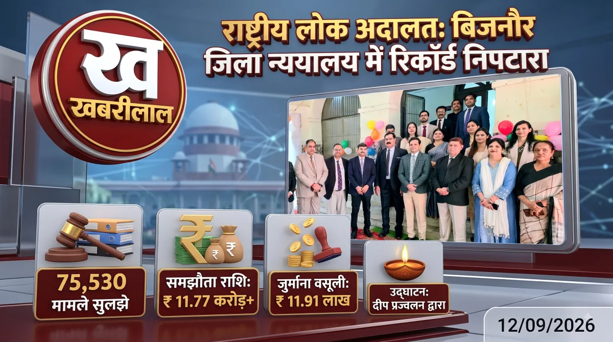 बिजनौर राष्ट्रीय लोक अदालत के रिकॉर्ड निपटारे के आंकड़ों को दर्शाता खबरीलाल न्यूज़ का ग्राफ़िक।