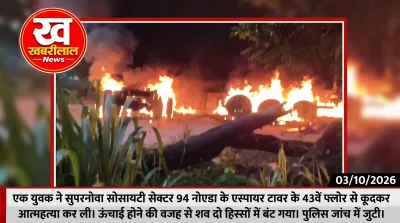 Dumper and container truck fire after a collision on Agra Aligarh Highway in Khandauli