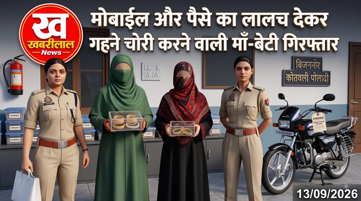 दो महिला पुलिसकर्मियों के बीच हिरासत में खड़ी दो महिला आरोपी, जिनके चेहरे दुपट्टे से ढके हुए हैं और उन्होंने हाथों में बरामद गहनों के पारदर्शी बॉक्स पकड़े हुए हैं।