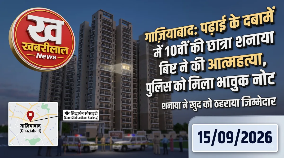 गाजियाबाद की गौर सिद्धार्थम सोसाइटी और वहां पहुंची पुलिस टीम को दर्शाता खबरीलाल न्यूज़ का ग्राफ़िक, जिसमें पढ़ाई के दबाव में 10वीं की छात्रा शनाया बिष्ट द्वारा आत्महत्या करने की खबर दी गई है।