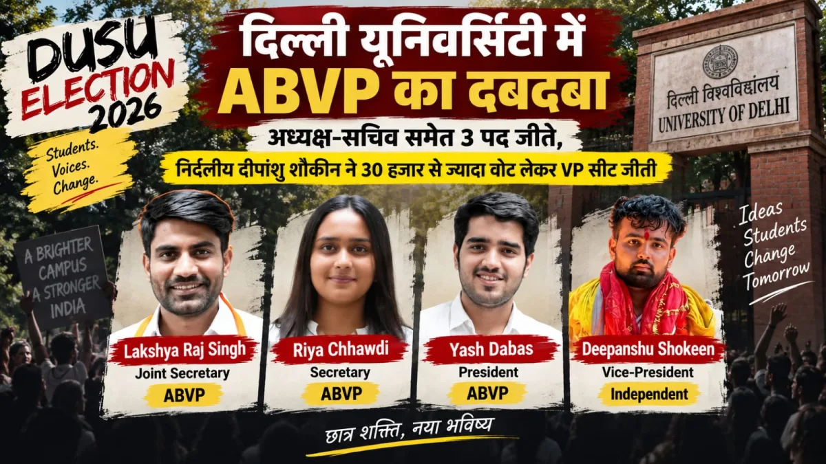 DUSU Election Result 2026 में ABVP और निर्दलीय विजेता दीपांशु शौकीन