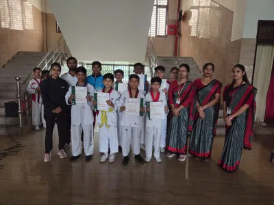 Taekwondo belt distribution ceremony at Bharat Swaroop Academy Dhampur