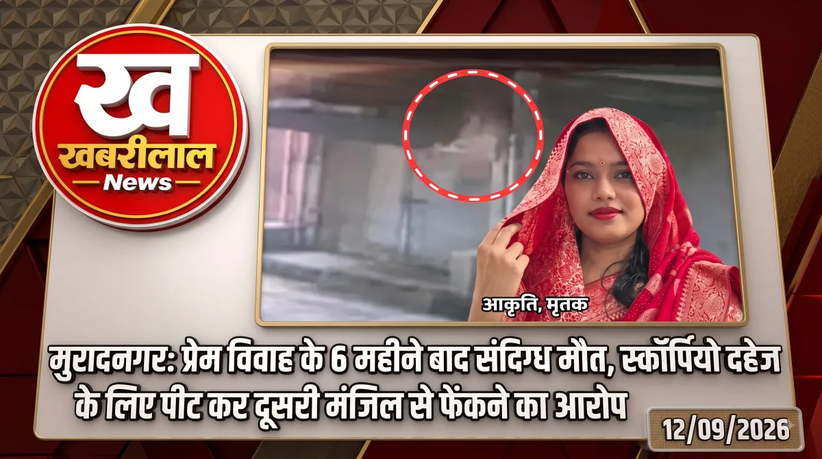 मुरादनगर दहेज हत्या मामले पर खबरीलाल न्यूज़ का ग्राफ़िक, जिसमें मृतका आकृति की तस्वीर और दूसरी मंजिल से गिरने का सीसीटीवी दृश्य है।