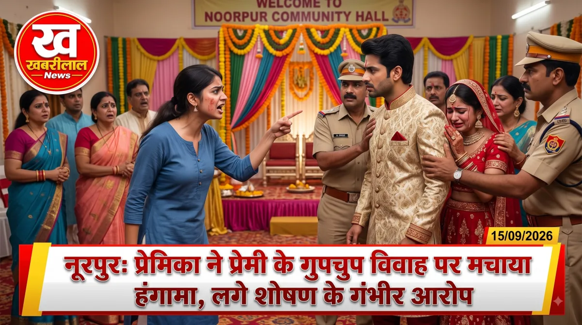 बिजनौर के नूरपुर में प्रेमी की शादी में पहुंचकर हंगामा करती प्रेमिका और बीच-बचाव करती पुलिस को दर्शाता खबरीलाल न्यूज़ का ग्राफ़िक।